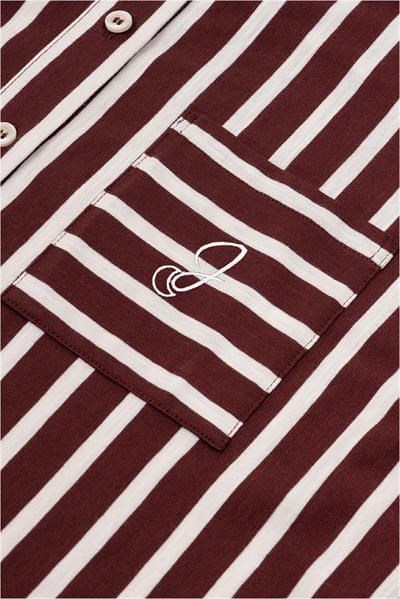 %100 Pamuklu Çizgili Gömlek Pijama Takımı / Bordo