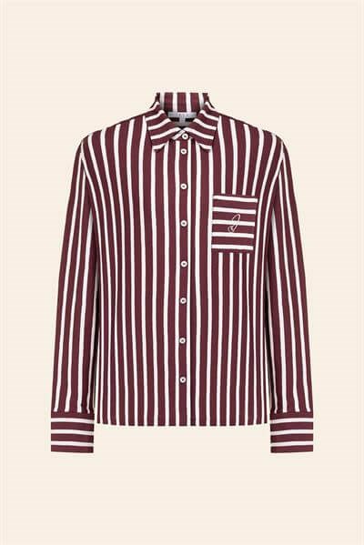 %100 Pamuklu Çizgili Gömlek Pijama Takımı / Bordo
