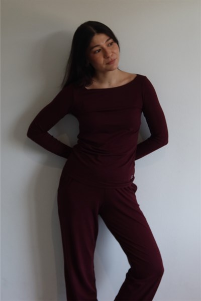 Bambu Uzun Kollu Pijama Takımı / Bordo