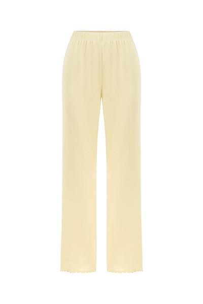 Kare Yaka Ribana Uzun Kollu Pijama Takımı / Sarı