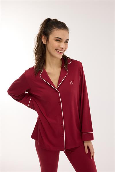 Modal Biyeli Uzun Kollu Pijama Takımı / Vişne