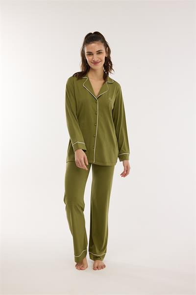 Modal Biyeli Uzun Kollu Pijama Takımı / Haki Yeşili