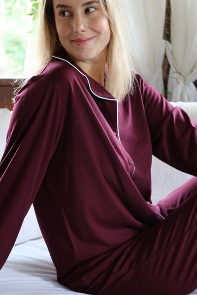 Modal Biyeli Uzun Kollu Pijama Takımı / Bordo