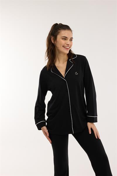 Modal Biyeli Uzun Kollu Pijama Takımı / Siyah