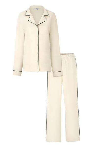 Modal Biyeli Uzun Kollu Pijama Takımı / Krem