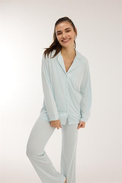 Modal Biyeli Uzun Kollu Pijama Takımı / Buz Mavisi