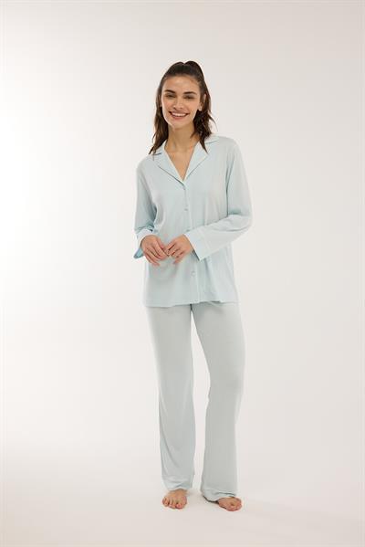 Modal Biyeli Uzun Kollu Pijama Takımı / Buz Mavisi