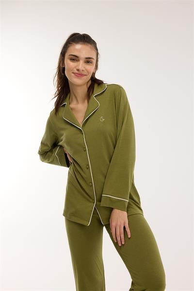Modal Biyeli Uzun Kollu Pijama Takımı / Haki Yeşili