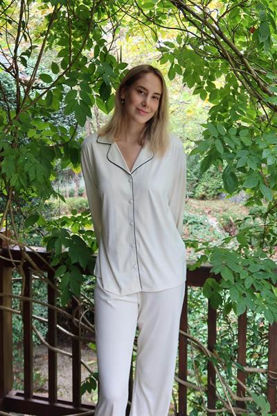 Modal Biyeli Uzun Kollu Pijama Takımı / Krem