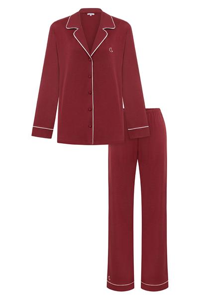 Modal Biyeli Uzun Kollu Pijama Takımı / Vişne