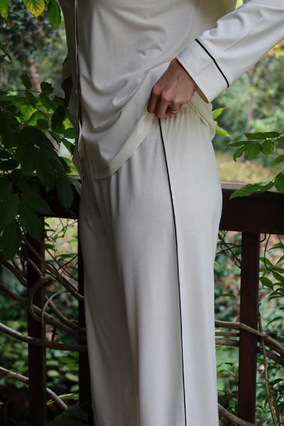 Modal Biyeli Uzun Kollu Pijama Takımı / Krem