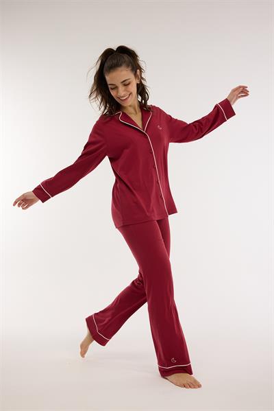 Modal Biyeli Uzun Kollu Pijama Takımı / Vişne