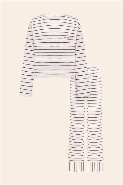 Pamuklu Çizgili  Uzun Kollu Pijama Takımı / Bordo