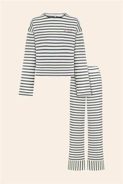Pamuklu Çizgili  Uzun Kollu Pijama Takımı / Yeşil