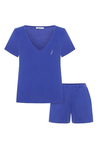 Pamuklu V Yaka Kısa Şortlu Pijama Takımı / Saks Mavisi