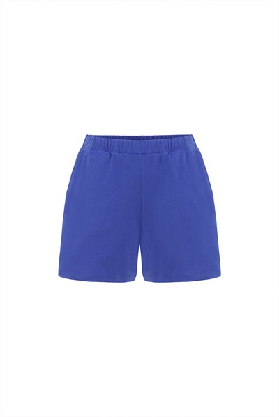 Pamuklu V Yaka Kısa Şortlu Pijama Takımı / Saks Mavisi