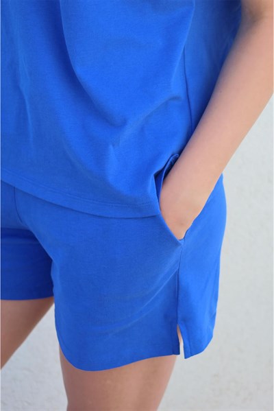 Pamuklu V Yaka Kısa Şortlu Pijama Takımı / Saks Mavisi