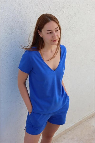 Pamuklu V Yaka Kısa Şortlu Pijama Takımı / Saks Mavisi