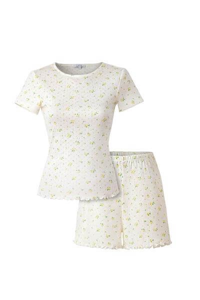 Pointelle Sarı Çiçek Desenli Şortlu Pijama Takımı 