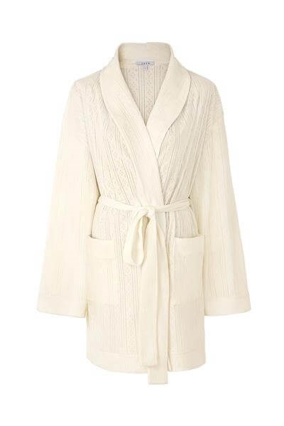 Pointelle V Yaka Pijama Takımı - Pointelle Sabahlık Set / Krem