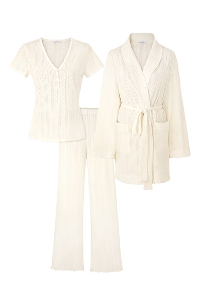 Pointelle V Yaka Pijama Takımı - Pointelle Sabahlık Set / Krem