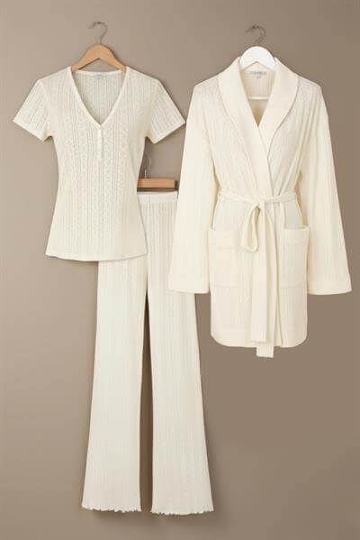 Pointelle V Yaka Pijama Takımı - Pointelle Sabahlık Set / Krem