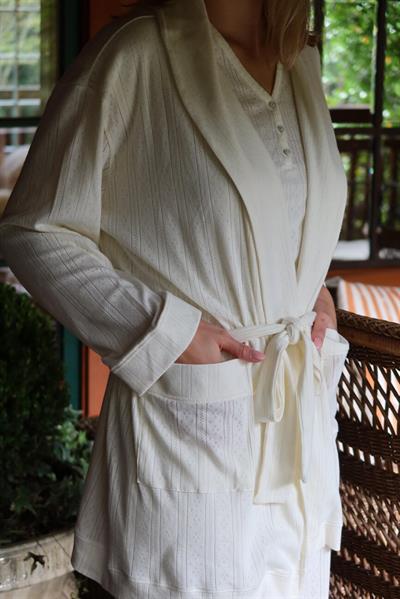 Pointelle V Yaka Pijama Takımı - Pointelle Sabahlık Set / Krem