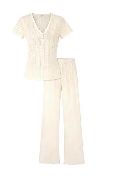 Pointelle V Yaka Pijama Takımı - Pointelle Sabahlık Set / Krem