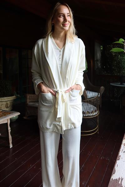 Pointelle V Yaka Pijama Takımı - Pointelle Sabahlık Set / Krem