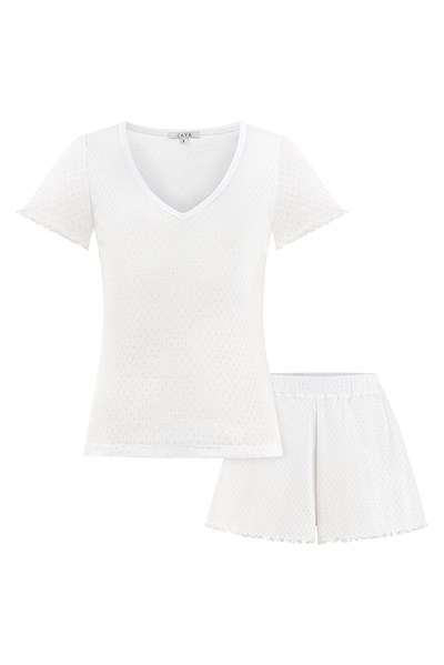 Pointelle V Yaka Şortlu Pijama Takımı / Beyaz