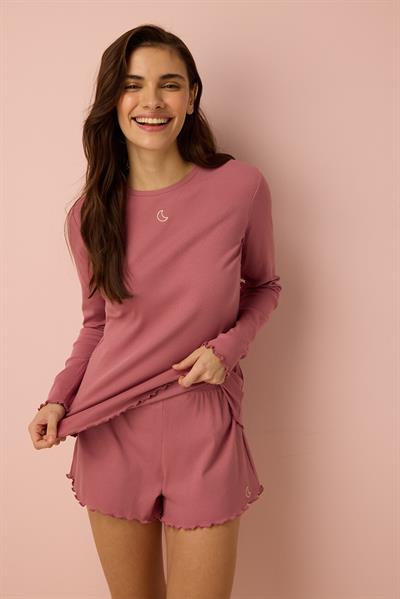 Ribana Uzun Kollu Şortlu Pijama Takımı / Pembe