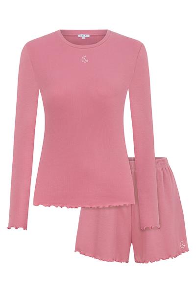 Ribana Uzun Kollu Şortlu Pijama Takımı / Pembe