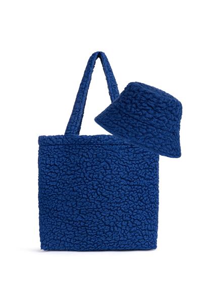 Yün Sherpa Şapka - Çanta Set / Saks Mavisi