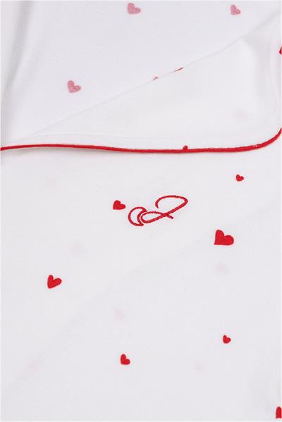 Viskon Kalp Desenli Biyeli Pijama Takımı / Beyaz