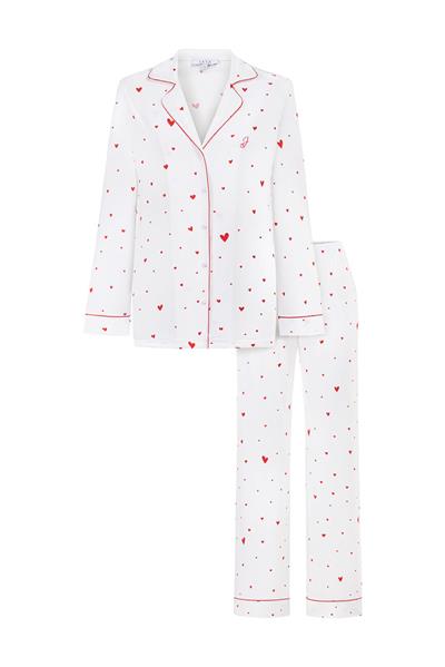 Viskon Kalp Desenli Biyeli Pijama Takımı / Beyaz