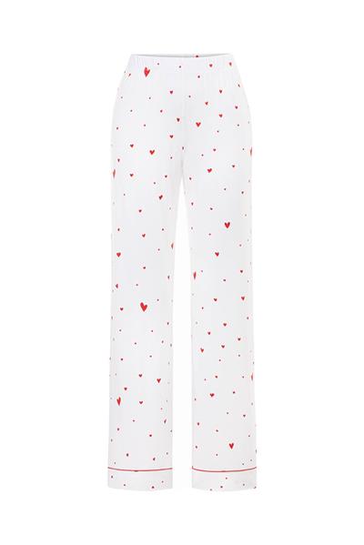 Viskon Kalp Desenli Biyeli Pijama Takımı / Beyaz