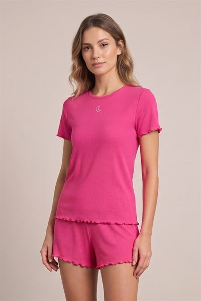 Viskon Ribana Kısa Şortlu Pijama Takımı / Pembe