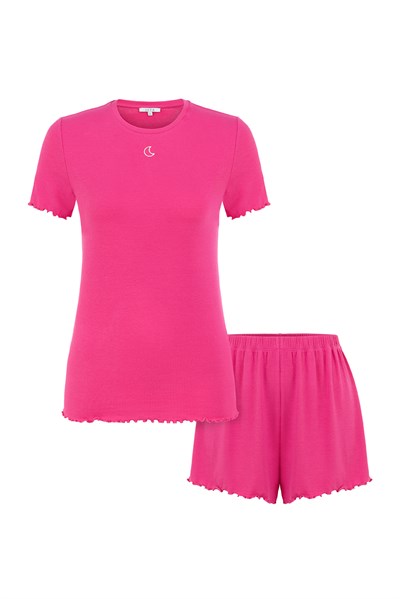 Viskon Ribana Kısa Şortlu Pijama Takımı / Pembe