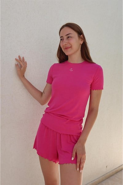 Viskon Ribana Kısa Şortlu Pijama Takımı / Pembe