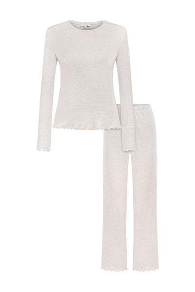 Yuvarlak Yaka Uzun Kollu Pijama Takımı / Bej melanj