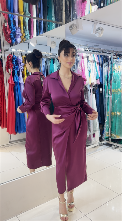  Saten Midi Elbise (Kruvaze Yaka, Kuşak Detaylı)
