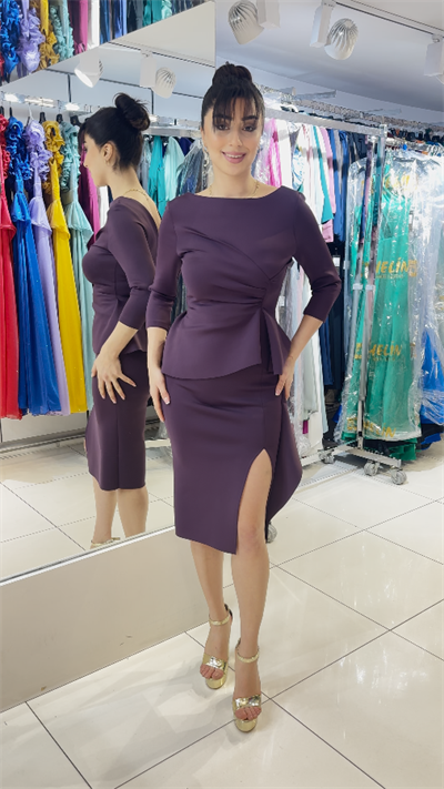Peplum Detaylı Tek Omuz Yırtmaçlı Midi Elbise (Balon Kol)