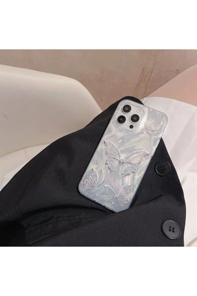 (IPHONE 11 UYUMLU) Gümüş Renk Kelebek Baskılı Telefon Kılıfı