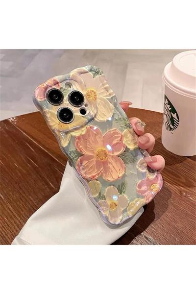 (IPHONE 15 PRO) Su Yeşili Kenarları Dalgalı Çiçek Desenli Lüx Mavi Işık Premium Silikon Kılıf