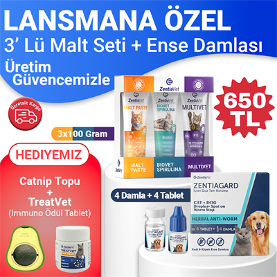 3 lü Malt Seti Tüy Yumağı Engelleyici Multivitamin Tüy Dökülmesi Önleyici-Kedi Ense 4 Damla 4 İç parazit Tableti