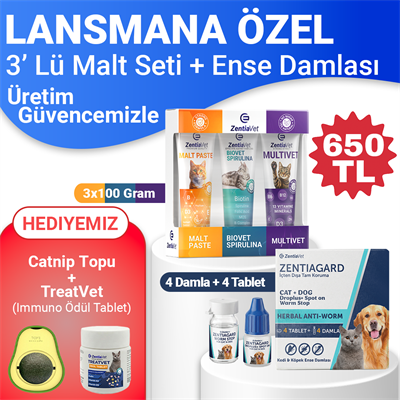 3 lü Malt Seti Tüy Yumağı Engelleyici Multivitamin Tüy Dökülmesi Önleyici-Kedi Ense 4 Damla 4 İç parazit Tableti