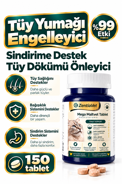 Kedi Maltı Tüy Yumağı ve Kusma Önleyici, Tüy Dökülme Engelleyici, Kedi Vitamini Kedi Malt Tablet 150 Adet