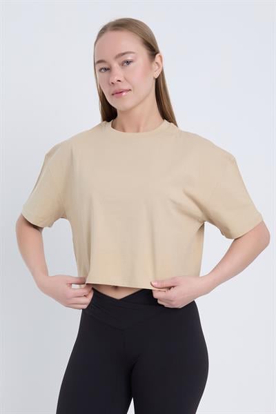 Kadın Oversize Basic Bej Renk Crop