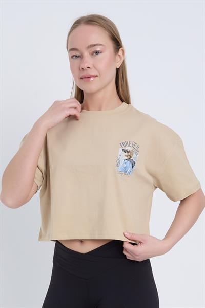 Kadın Oversize Forever Baskılı Siyah Bej Crop
