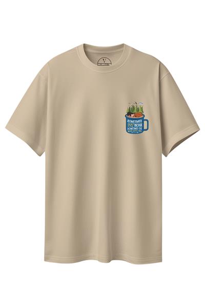 Unisex Oversize Relaxed Sometimes Bear Baskılı Bej Renk T-Shirt